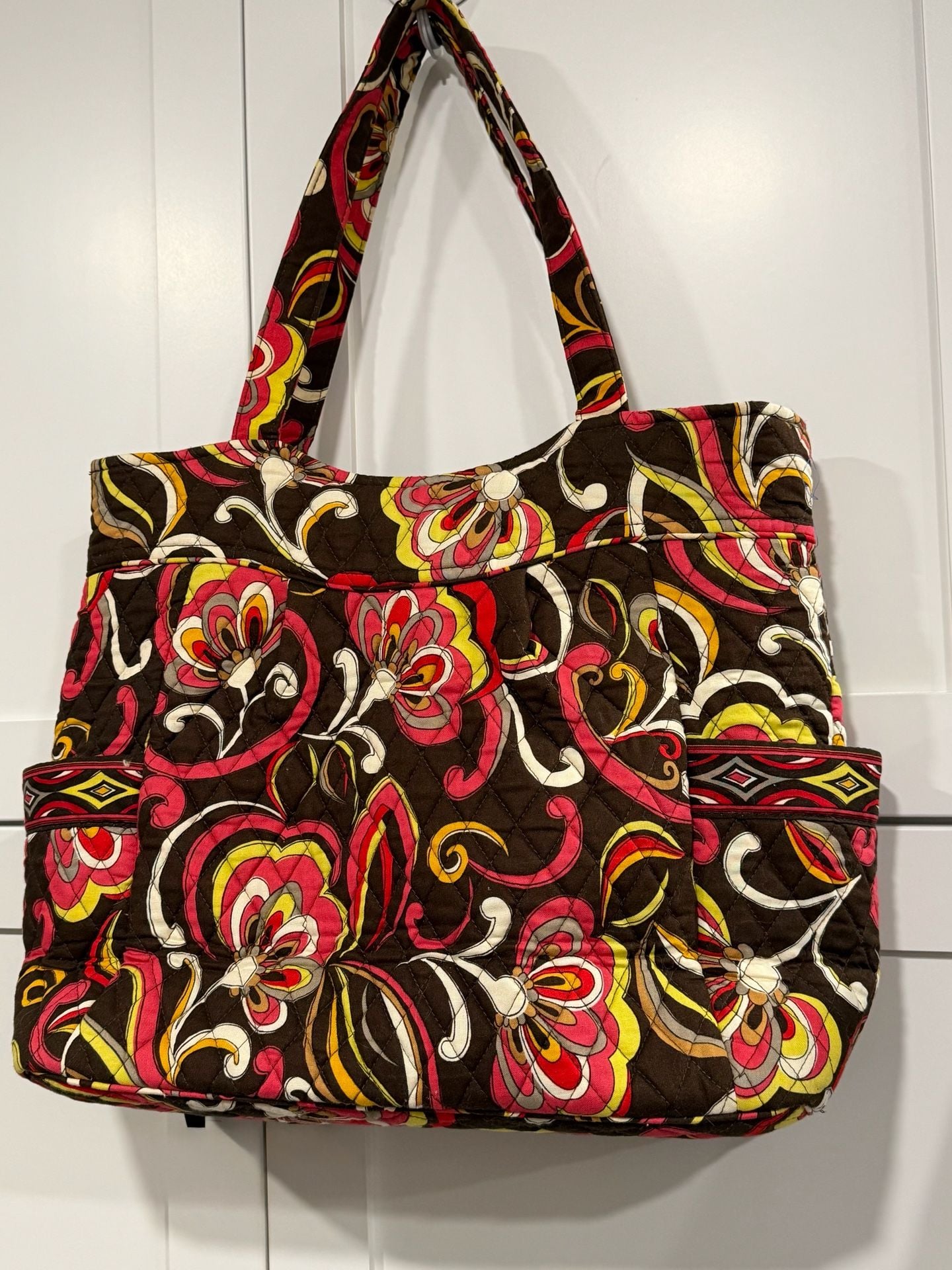 Vera Bradley Quilted Floral Tote Bag Brown Pink Yellow 3
