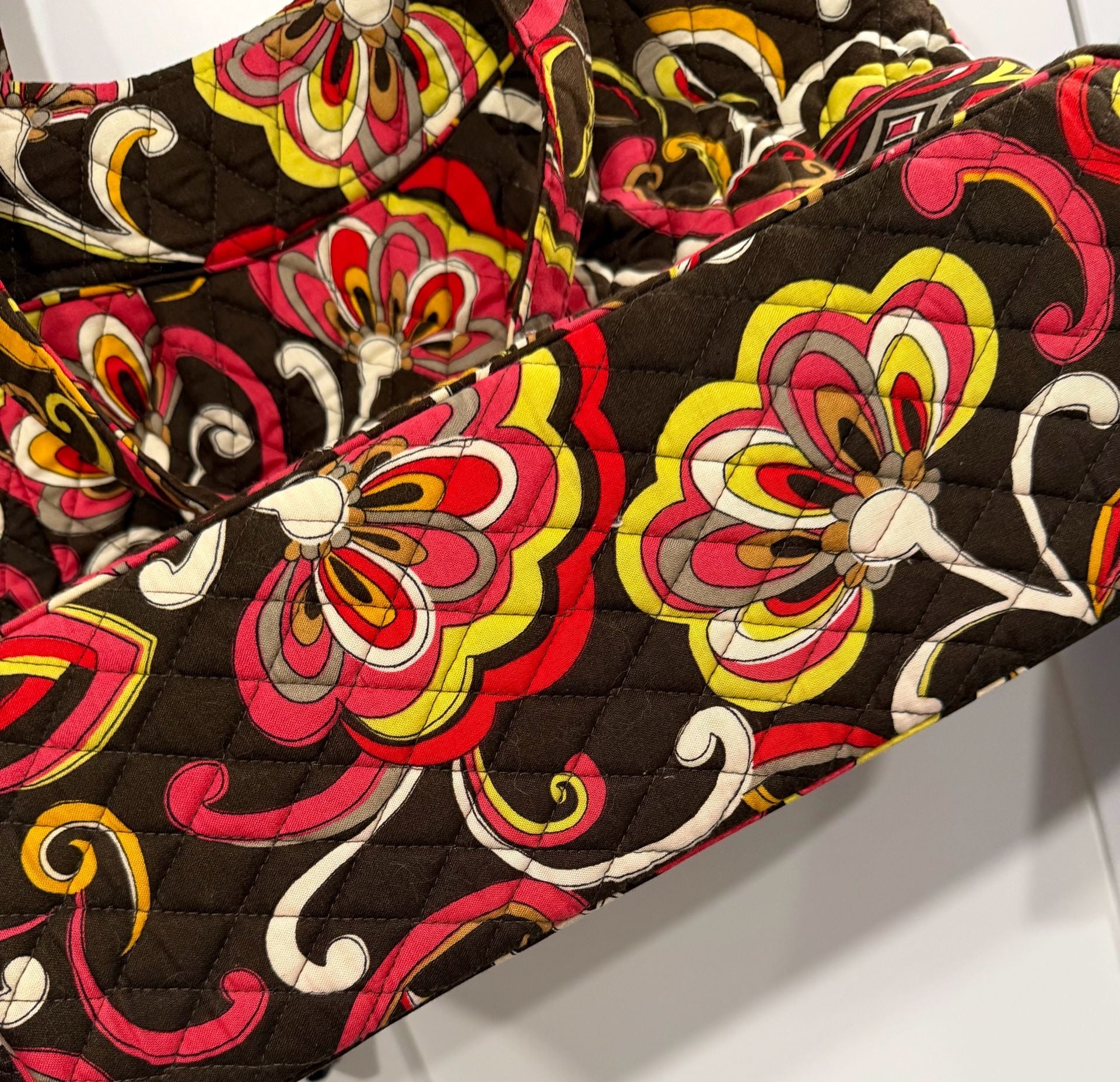 Vera Bradley Quilted Floral Tote Bag Brown Pink Yellow 4