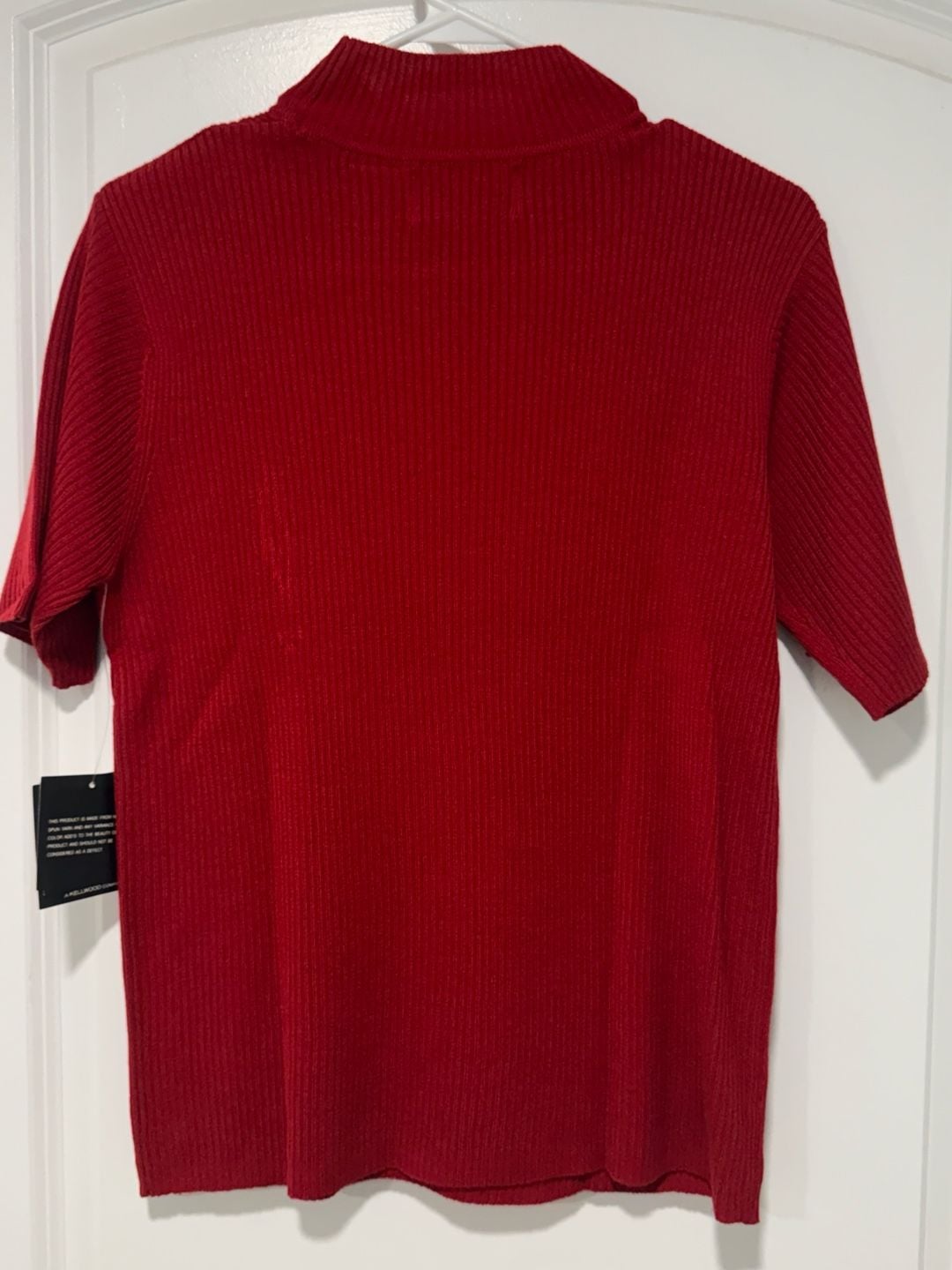 Red Ribbed Mock Neck Short Sleeve Sweater Top Minimalist Preppy Size M 3
