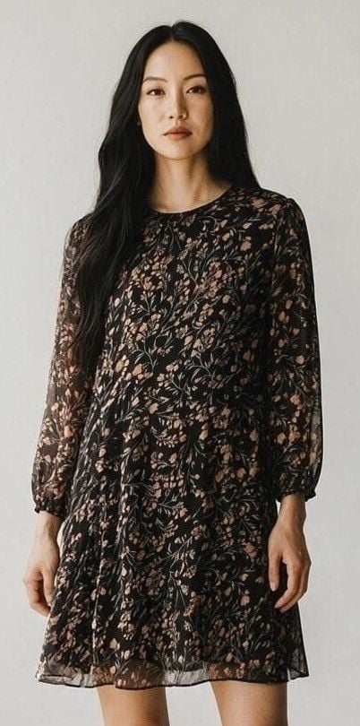 Calvin Klein Floral Dress Size 8 Black Chiffon Long Sleeve 2