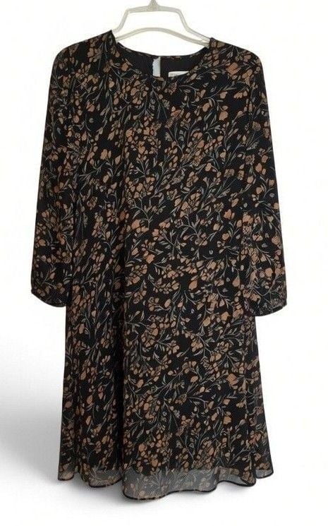 Calvin Klein Floral Dress Size 8 Black Chiffon Long Sleeve 3