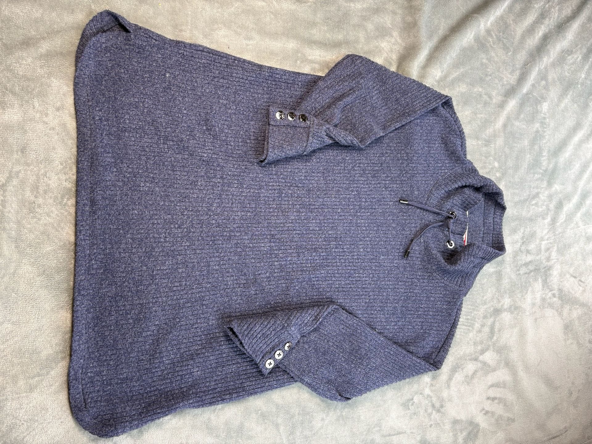 Tommy Hilfiger Womens Large Blue Cowl Neck Ribbed Knit Sweater Button Cuffs 2