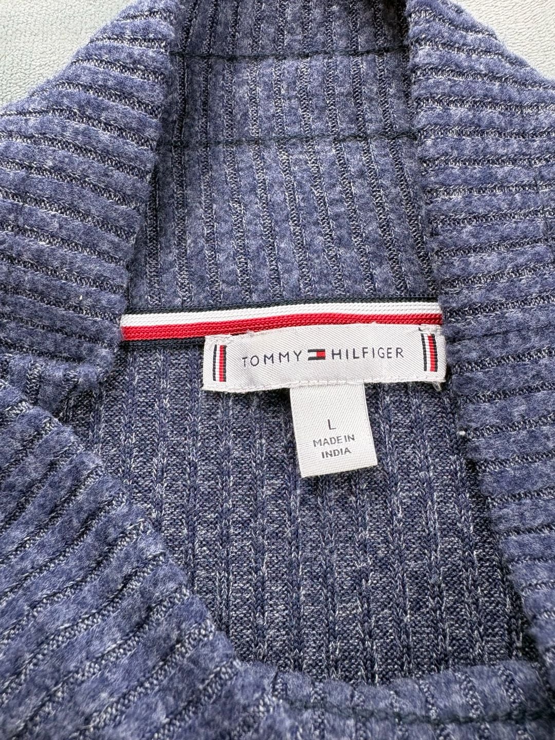 Tommy Hilfiger Womens Large Blue Cowl Neck Ribbed Knit Sweater Button Cuffs 6