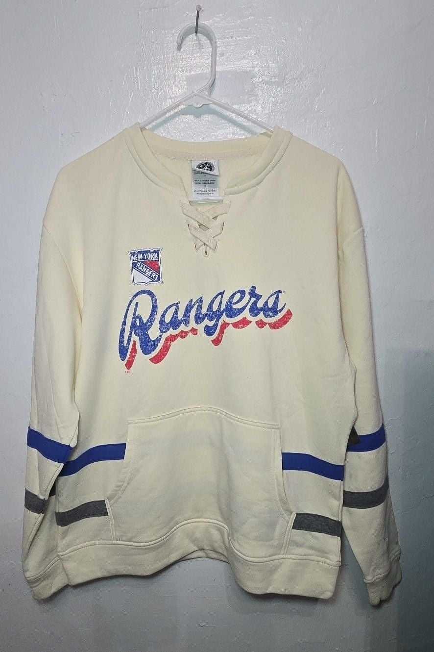 NHL New York Rangers Lace-Up Hoodie Size L Cream Hockey Sweatshirt 2