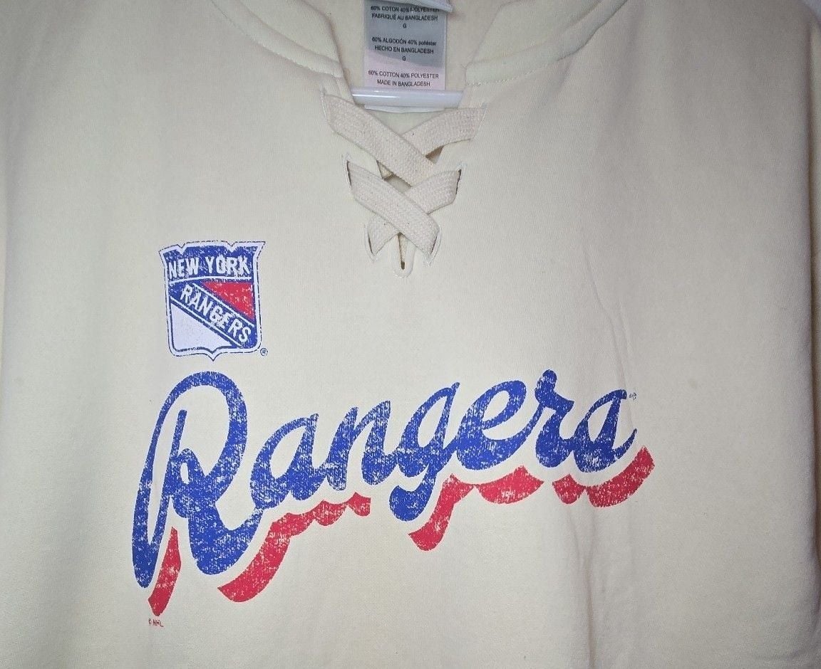 NHL New York Rangers Lace-Up Hoodie Size L Cream Hockey Sweatshirt 3