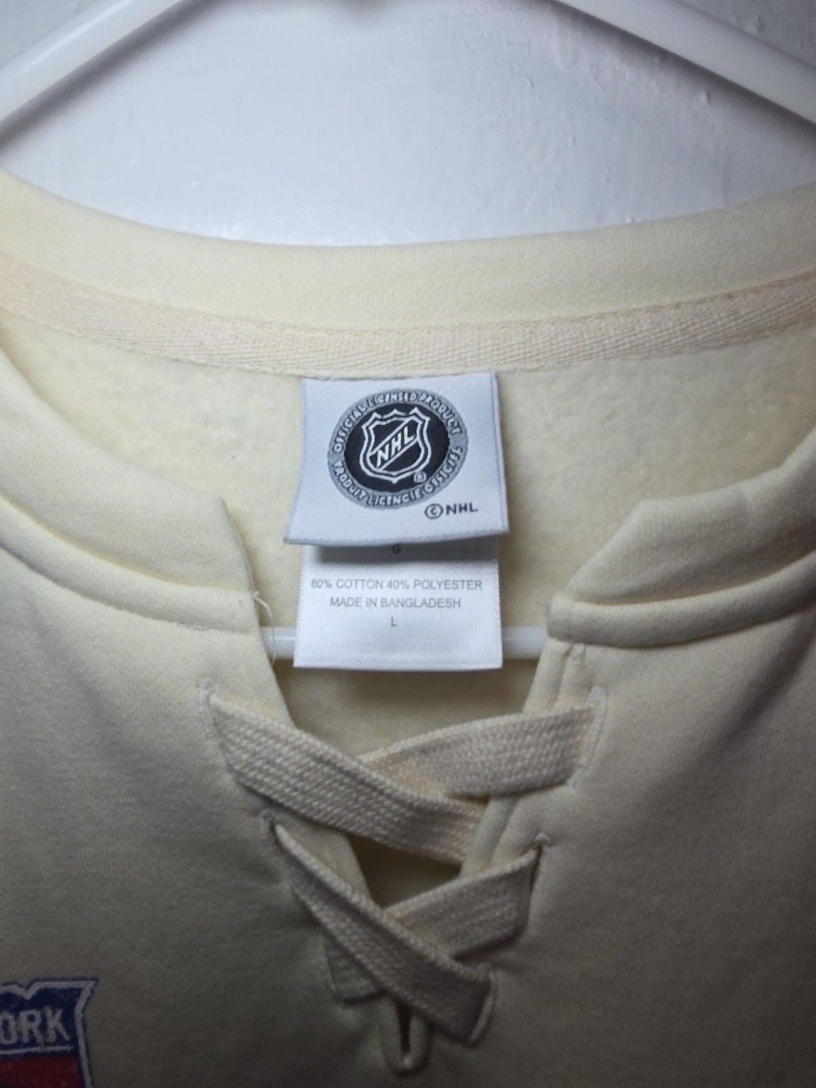 NHL New York Rangers Lace-Up Hoodie Size L Cream Hockey Sweatshirt 4