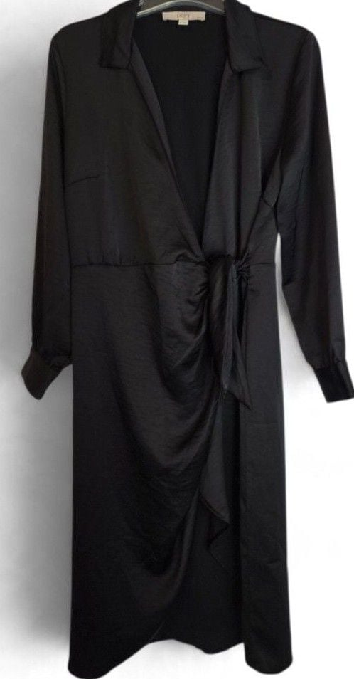 Loft Black Satin Long Sleeve Tie Front Midi Dress Sz MP 3