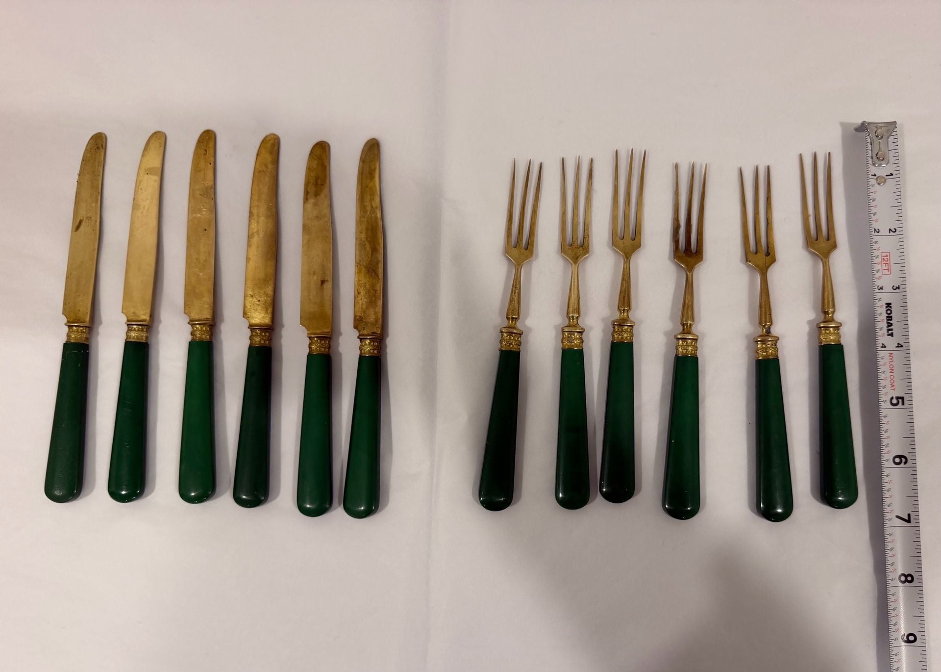 Vintage Mid Mod Green Bakelite Handle Gold Tone Flatware Set 12 Piece 3
