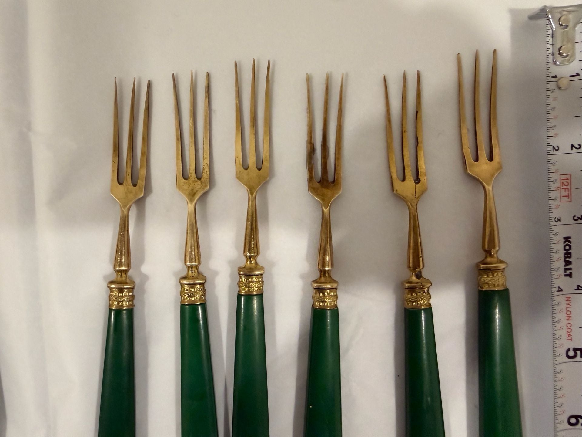 Vintage Mid Mod Green Bakelite Handle Gold Tone Flatware Set 12 Piece 4