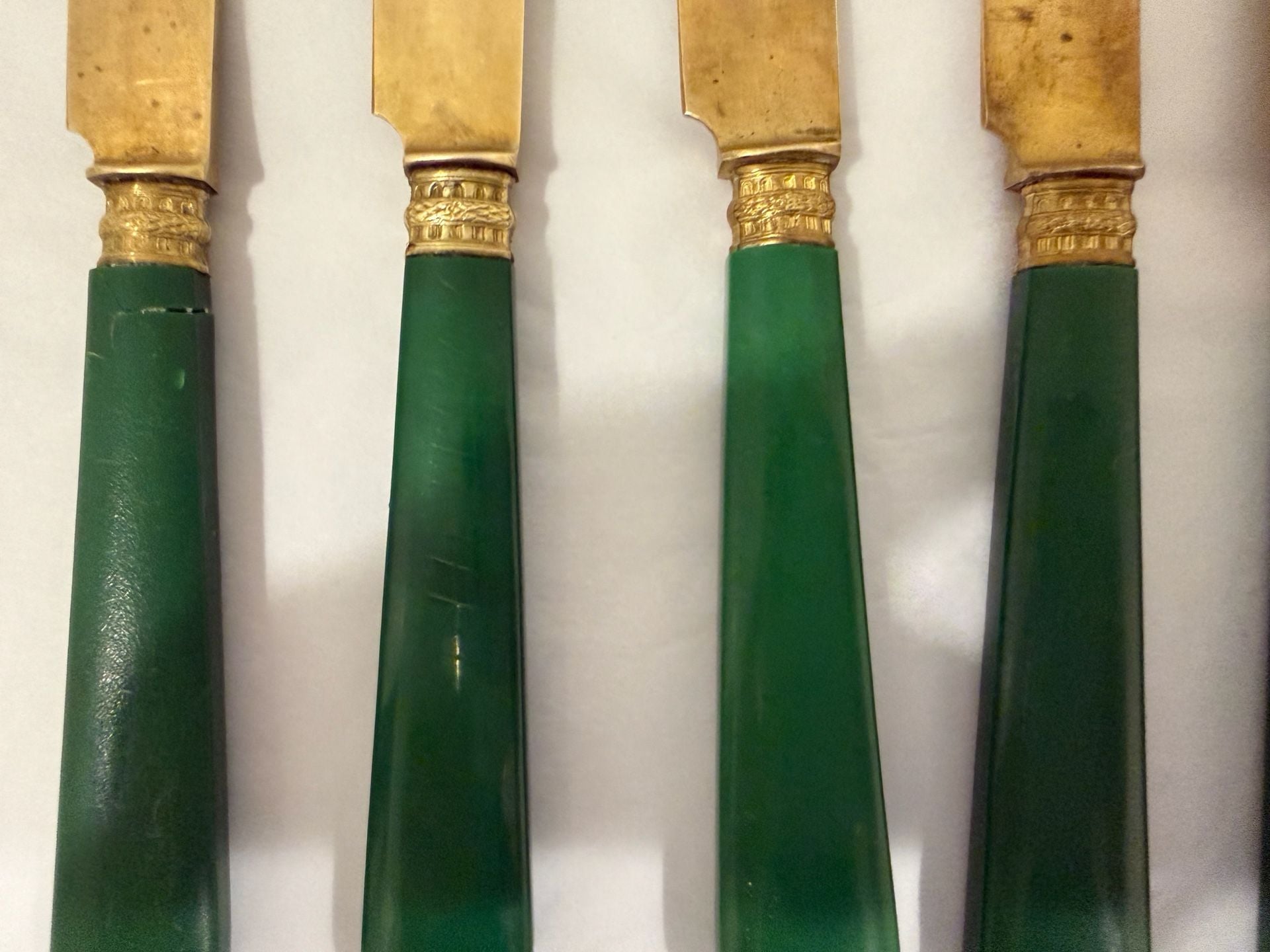 Vintage Mid Mod Green Bakelite Handle Gold Tone Flatware Set 12 Piece 6