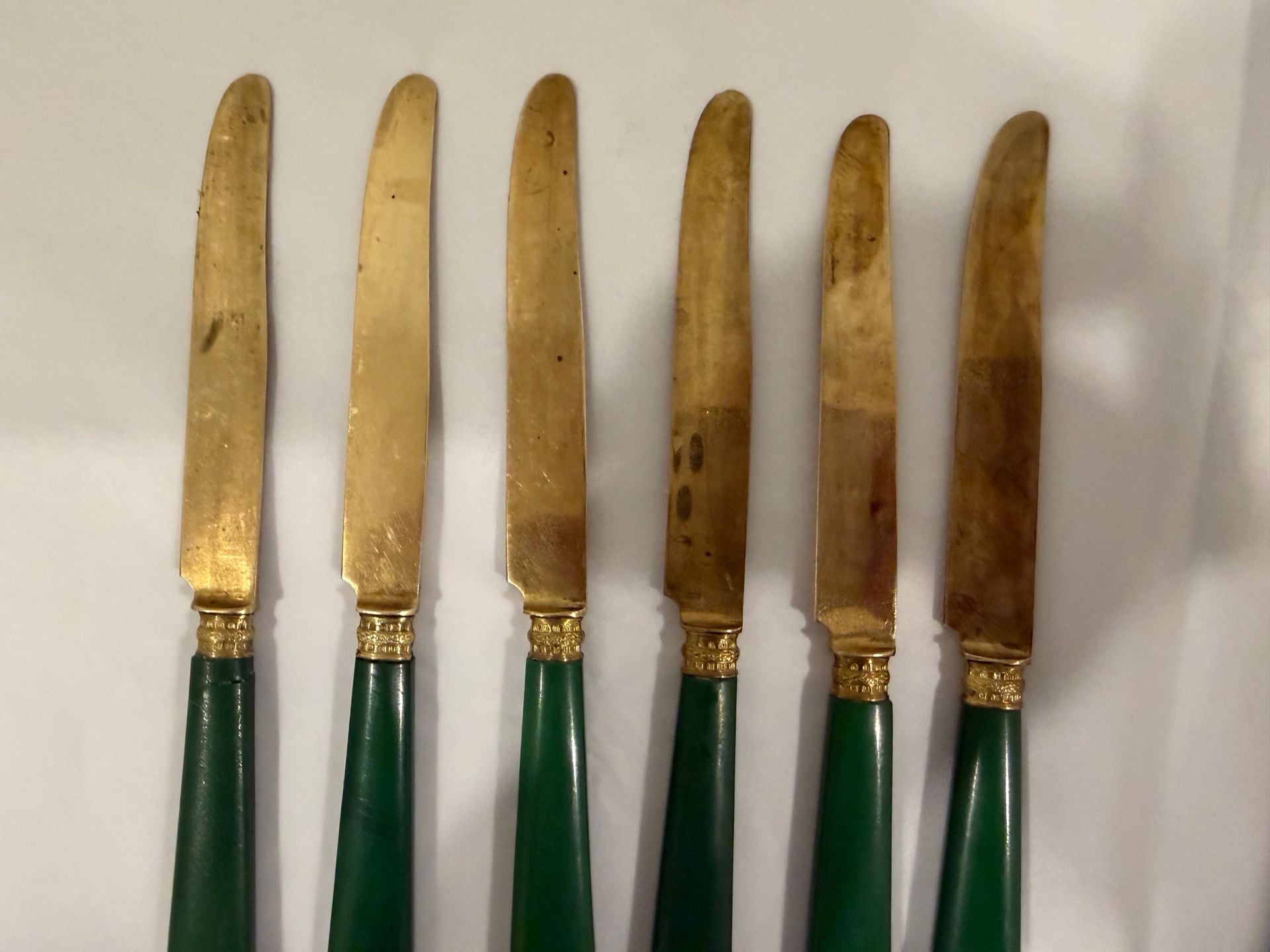 Vintage Mid Mod Green Bakelite Handle Gold Tone Flatware Set 12 Piece 7