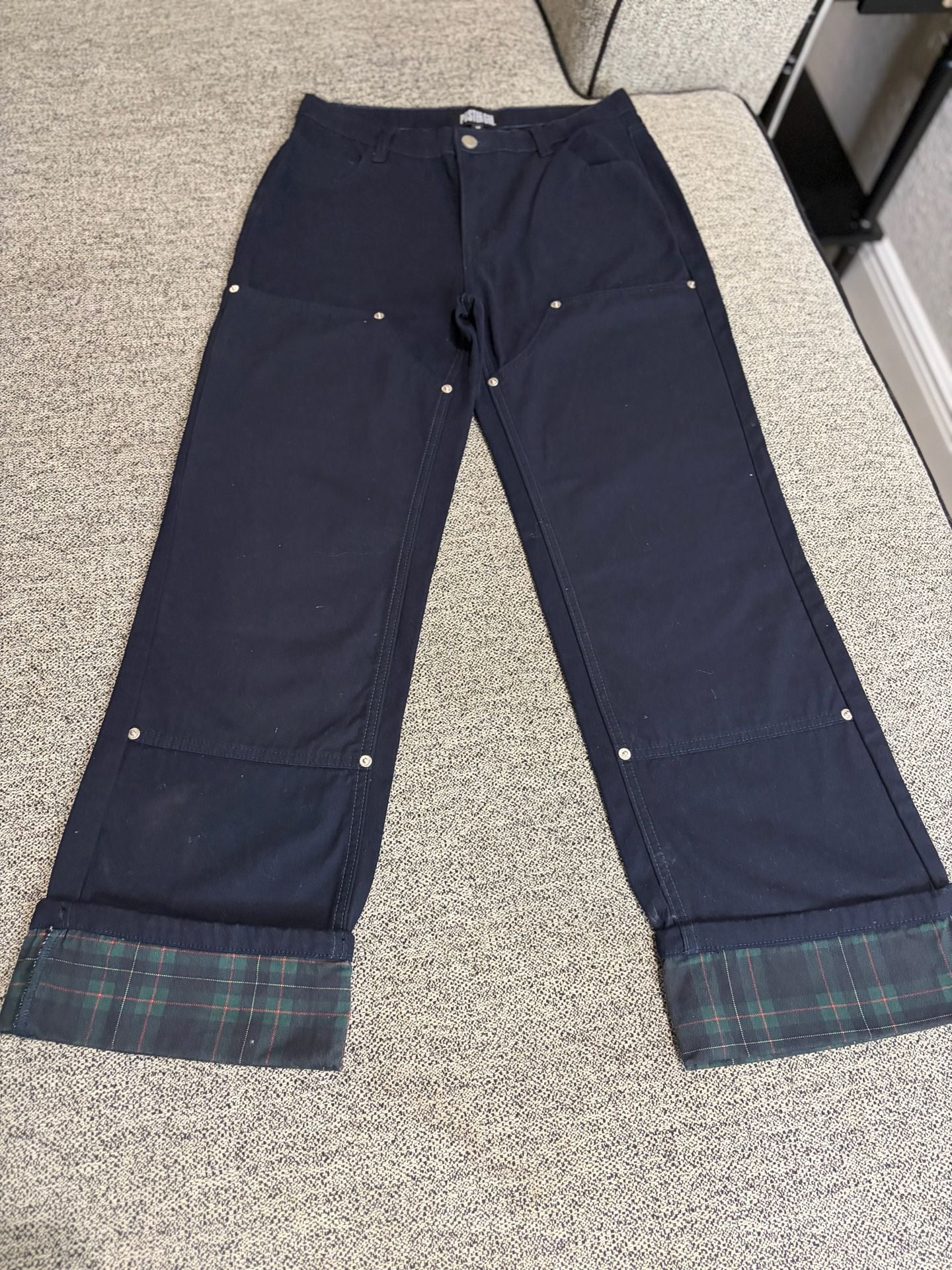 128-Poster Grl Pants Size M Black Plaid Cuffs Carpenter Double Knee 2