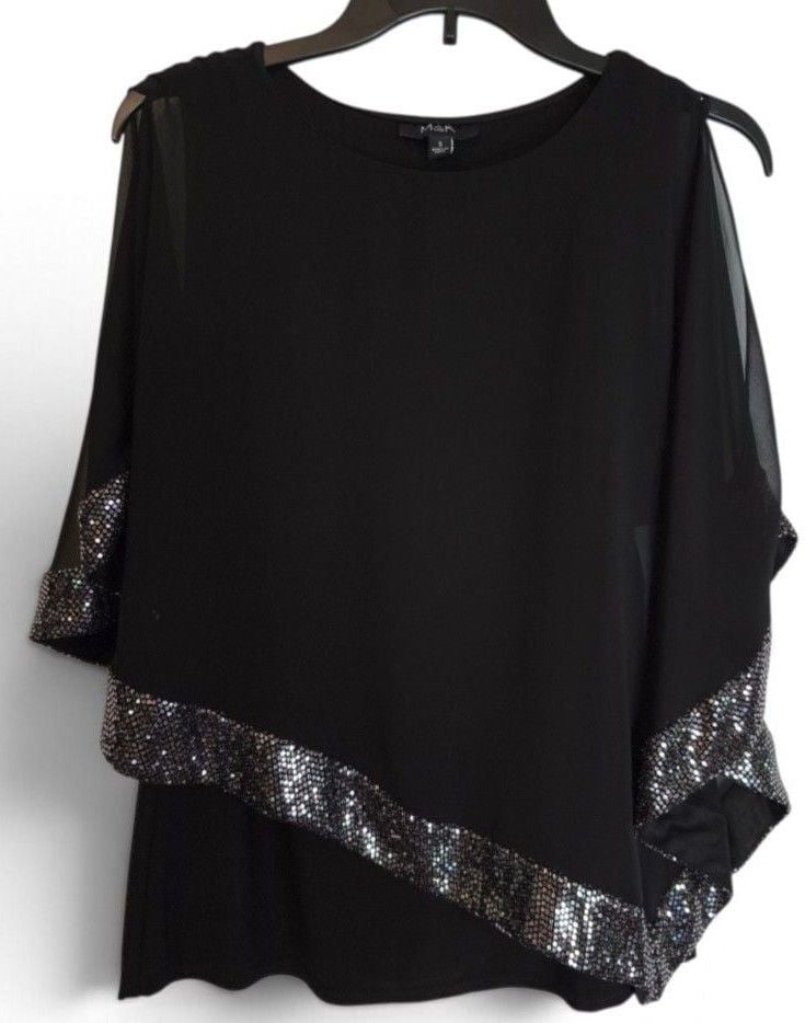 MSK Cold Shoulder Sequin Trim Blouse Size S Black 3