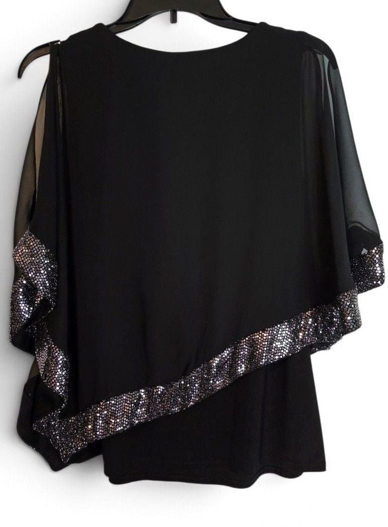 MSK Cold Shoulder Sequin Trim Blouse Size S Black 4
