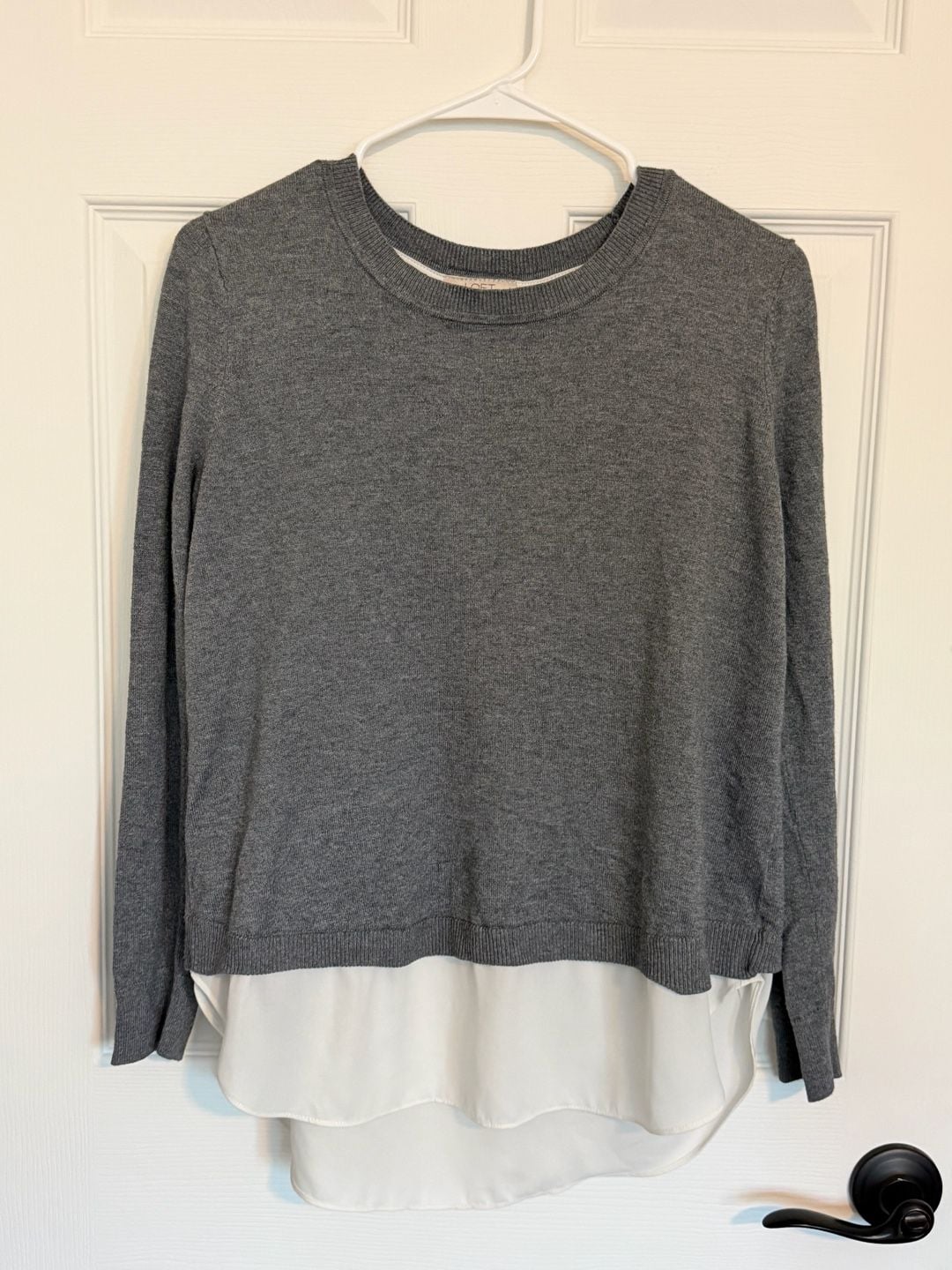 Loft Layered Sweater MP Gray White Mock Shirt Tail Open Back 2