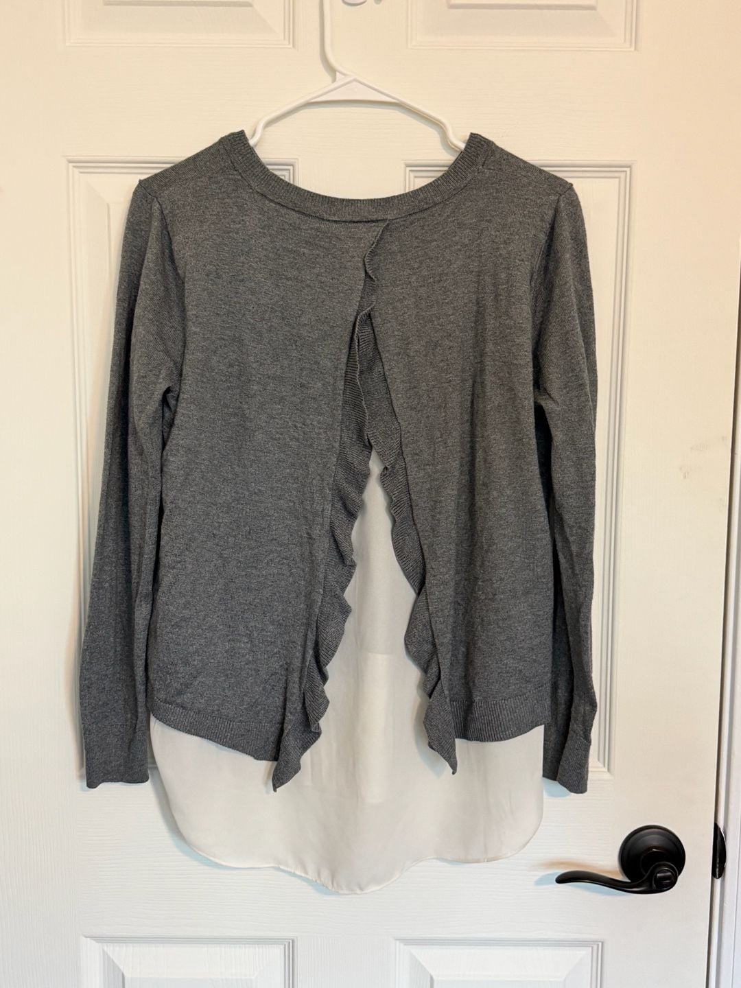 Loft Layered Sweater MP Gray White Mock Shirt Tail Open Back 5