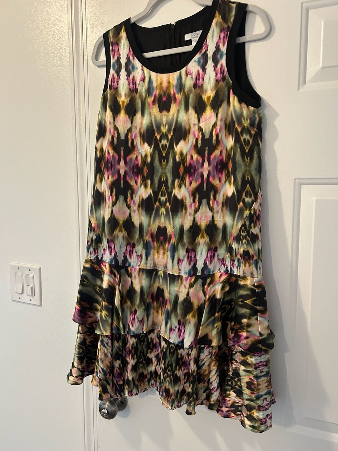 iCB New York Multicolor Silk Sleeveless Ruffle Hem Dress, 8 3