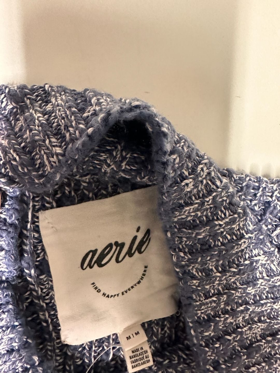 Aerie Mock Neck Sweater Size M Blue White Marled Chunky Knit Pullover 4