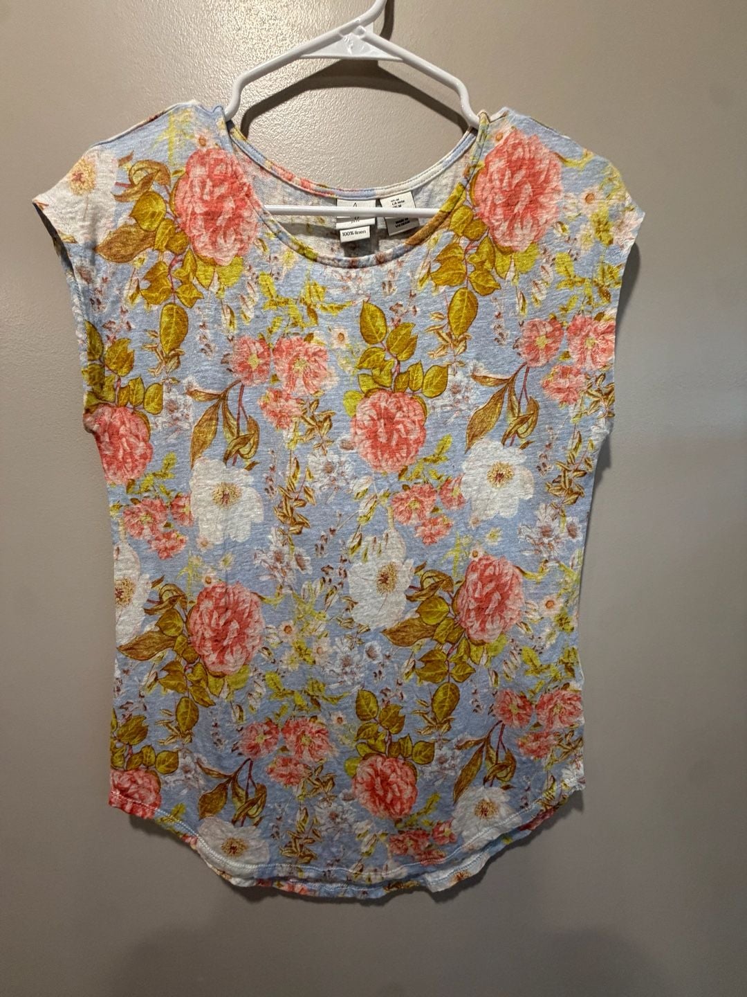 Joie Floral 100% Linen Blouse Size M Blue Cap Sleeve Top 2