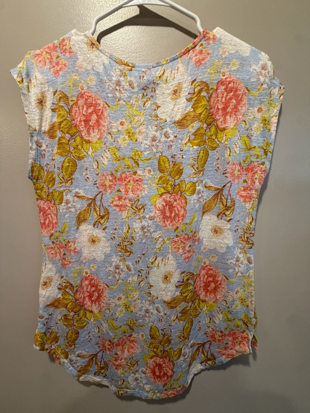 Joie Floral 100% Linen Blouse Size M Blue Cap Sleeve Top 4