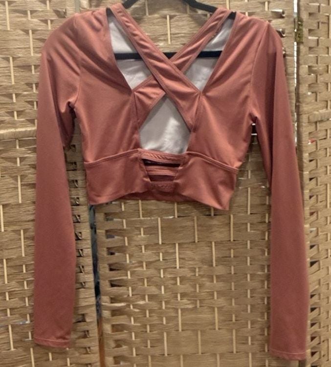SHEIN Long Sleeve Crop Top Dusty Rose Pink Activewear S 3