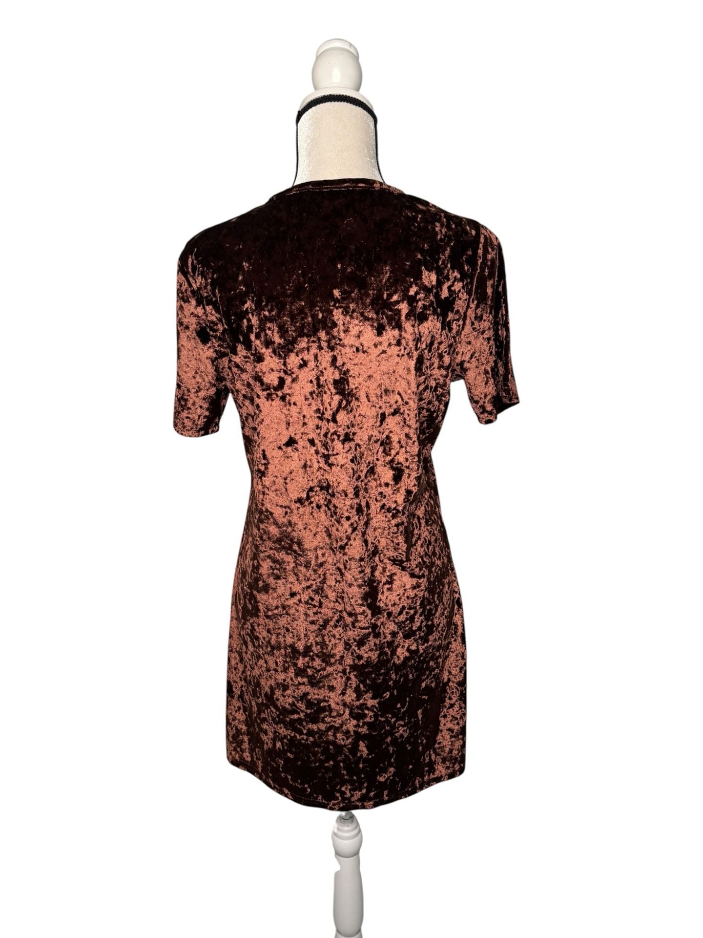 Crushed Velvet Dress Brown Short Sleeve Size M 3
