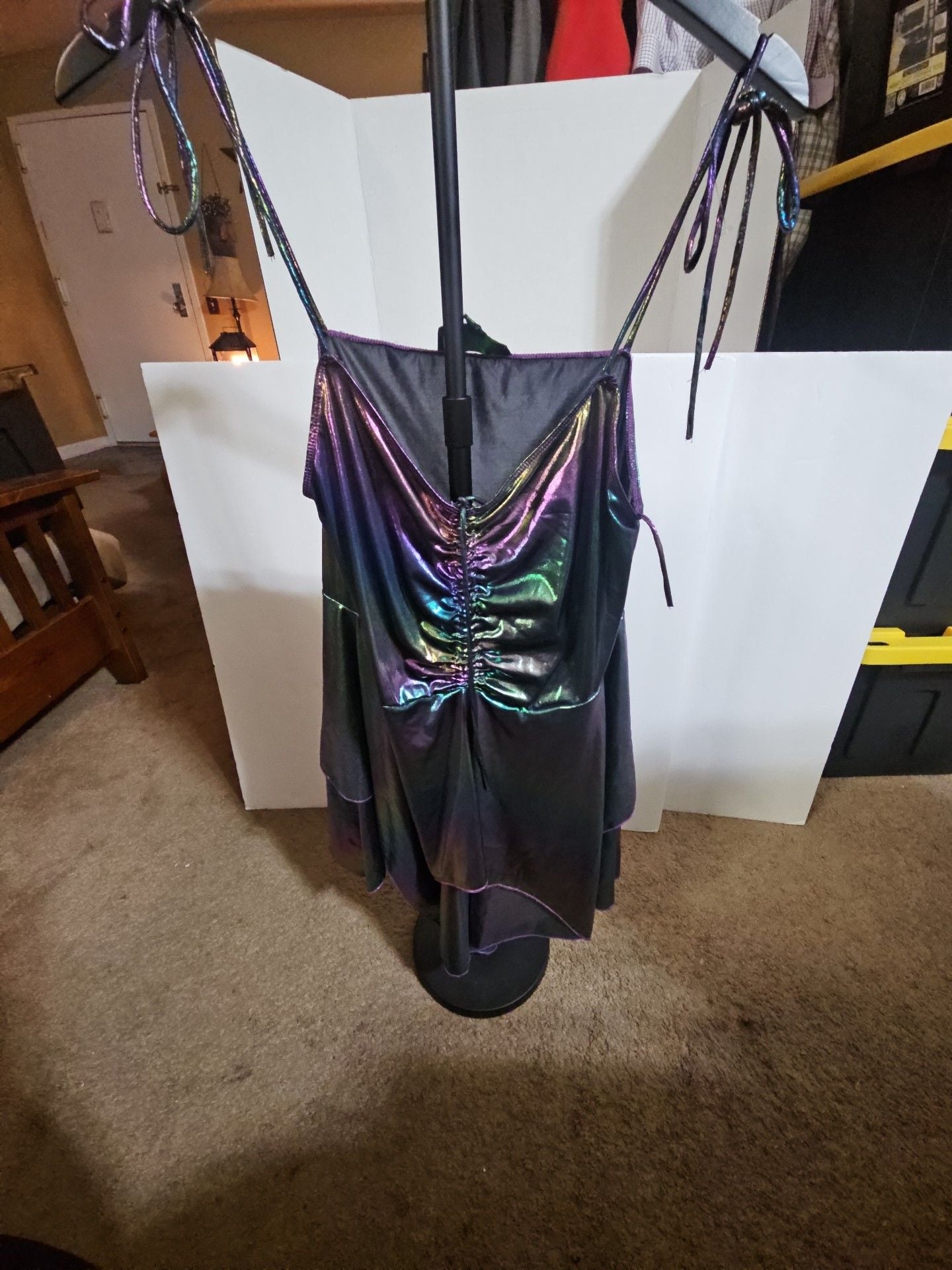 Club Exx Holographic Cami Dress Size XXL Purple Black Metallic Ruffle 1