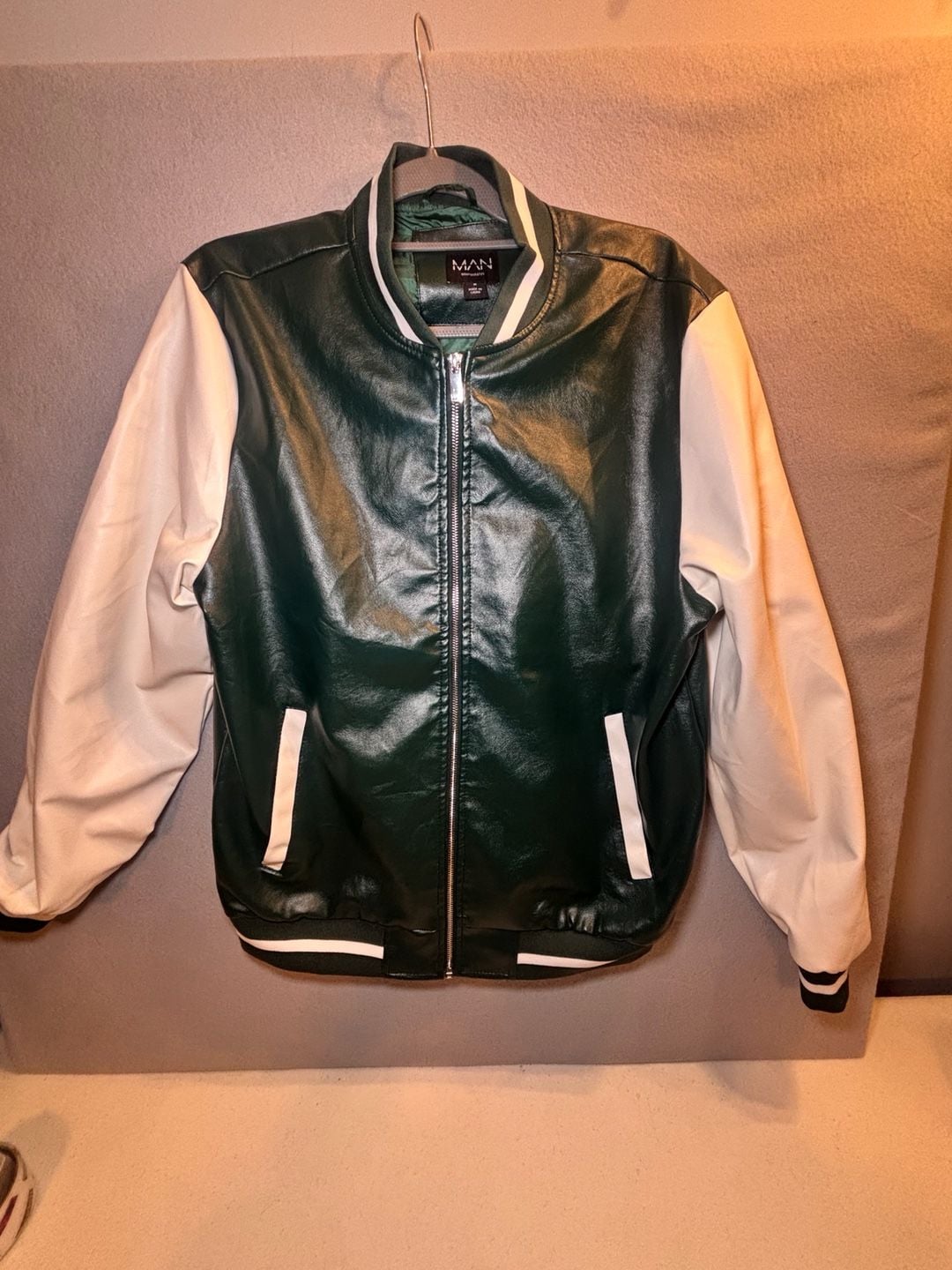 boohooMAN Faux Leather Varsity Jacket Size M Green White 2