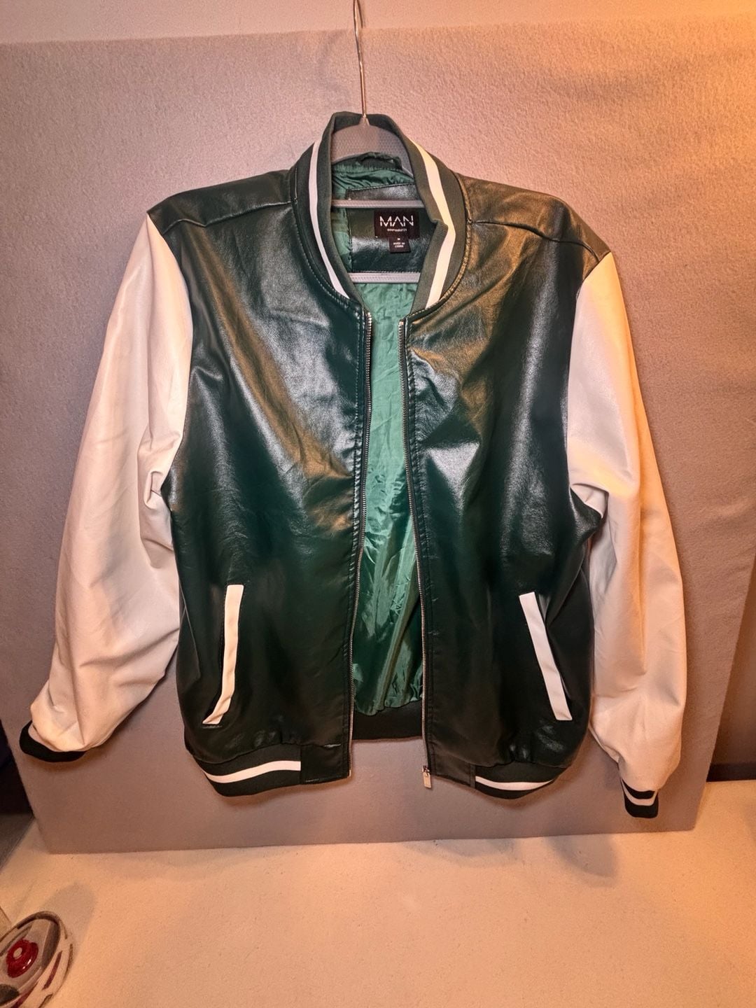 boohooMAN Faux Leather Varsity Jacket Size M Green White 3