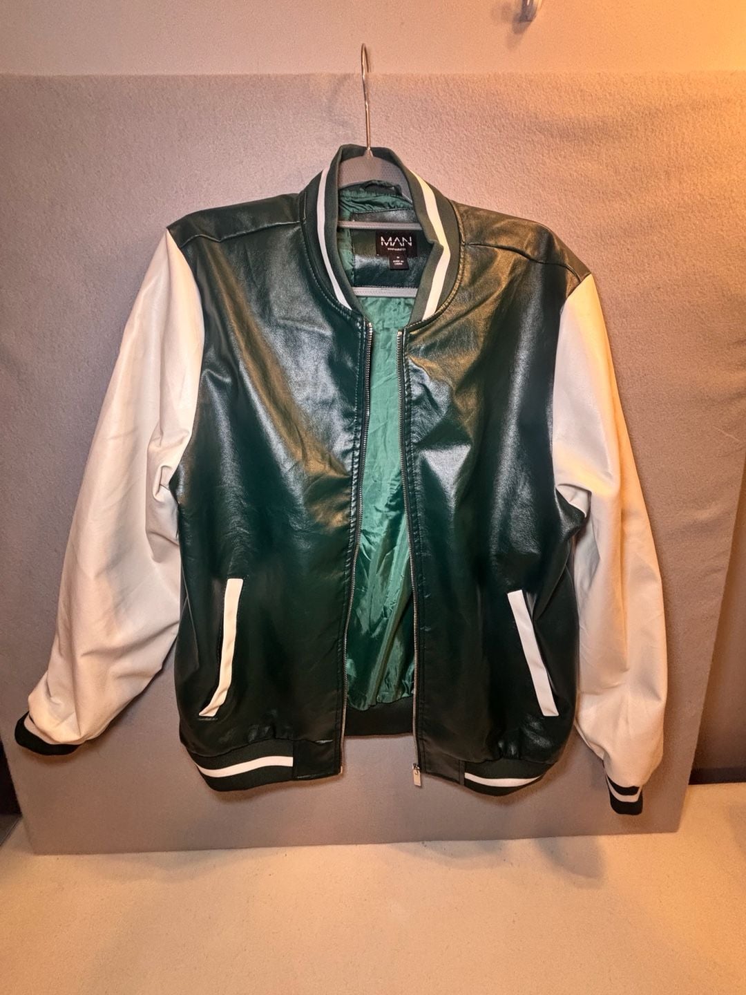 boohooMAN Faux Leather Varsity Jacket Size M Green White 4