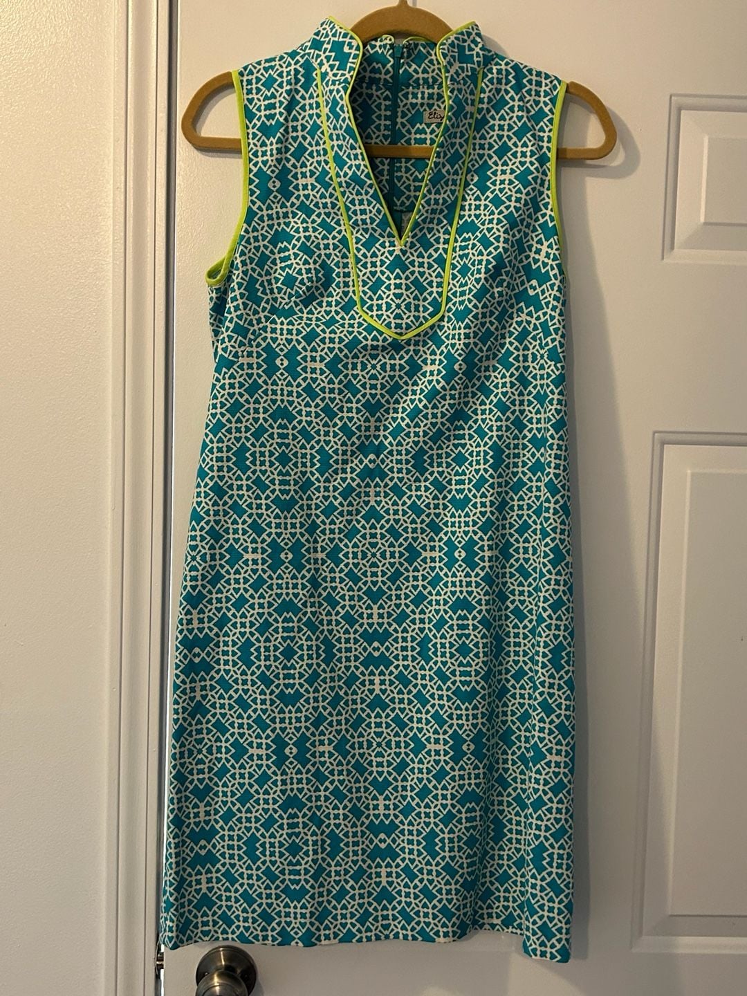 Eliza B Dress Size 4 Teal Geometric Sleeveless Stand Collar 2