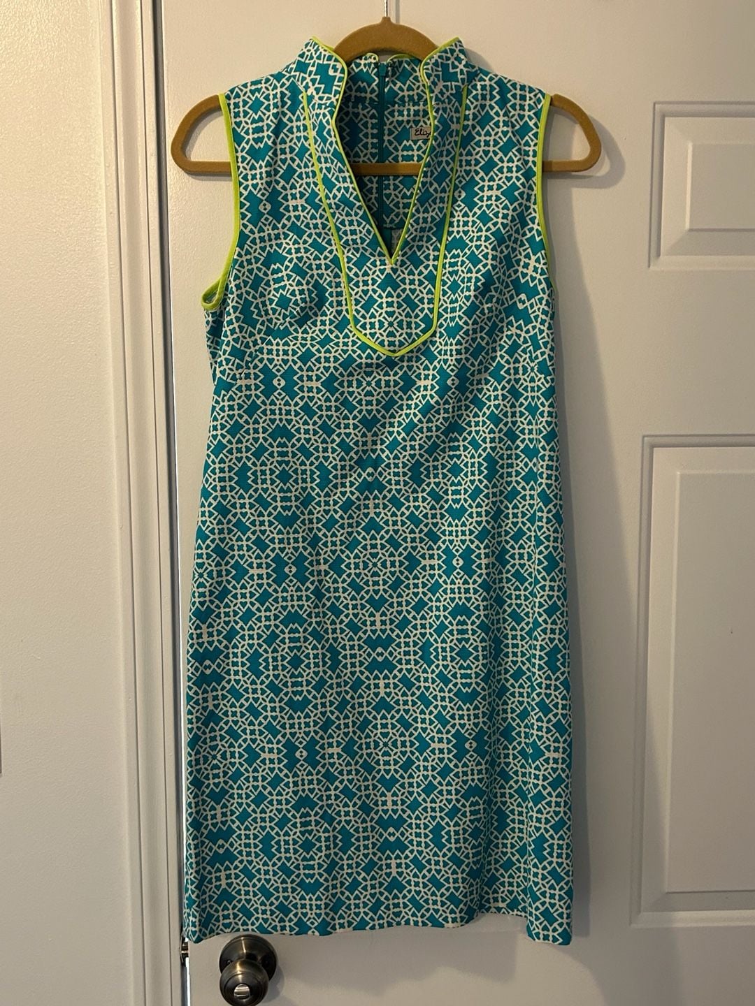 Eliza B Dress Size 4 Teal Geometric Sleeveless Stand Collar 3