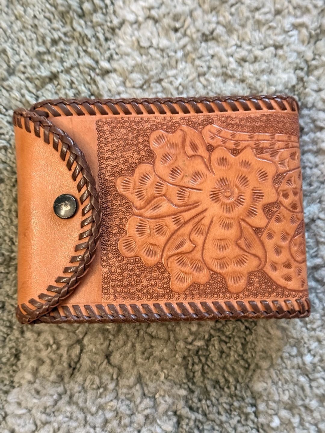 Vintage Hand Tooled Leather Wallet Floral Laced Edge 2