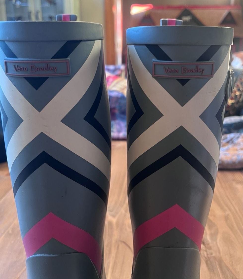 Vera Bradley Rain Boots Gray Pink Geometric Rubber Tall Size 7 5