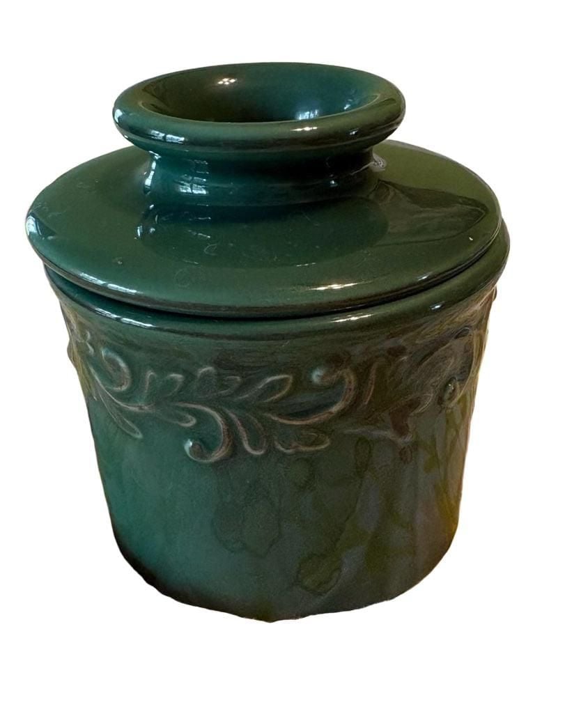 EUC Green Ceramic Butter Bell Crock with Embossed Leaf Scroll Design 1