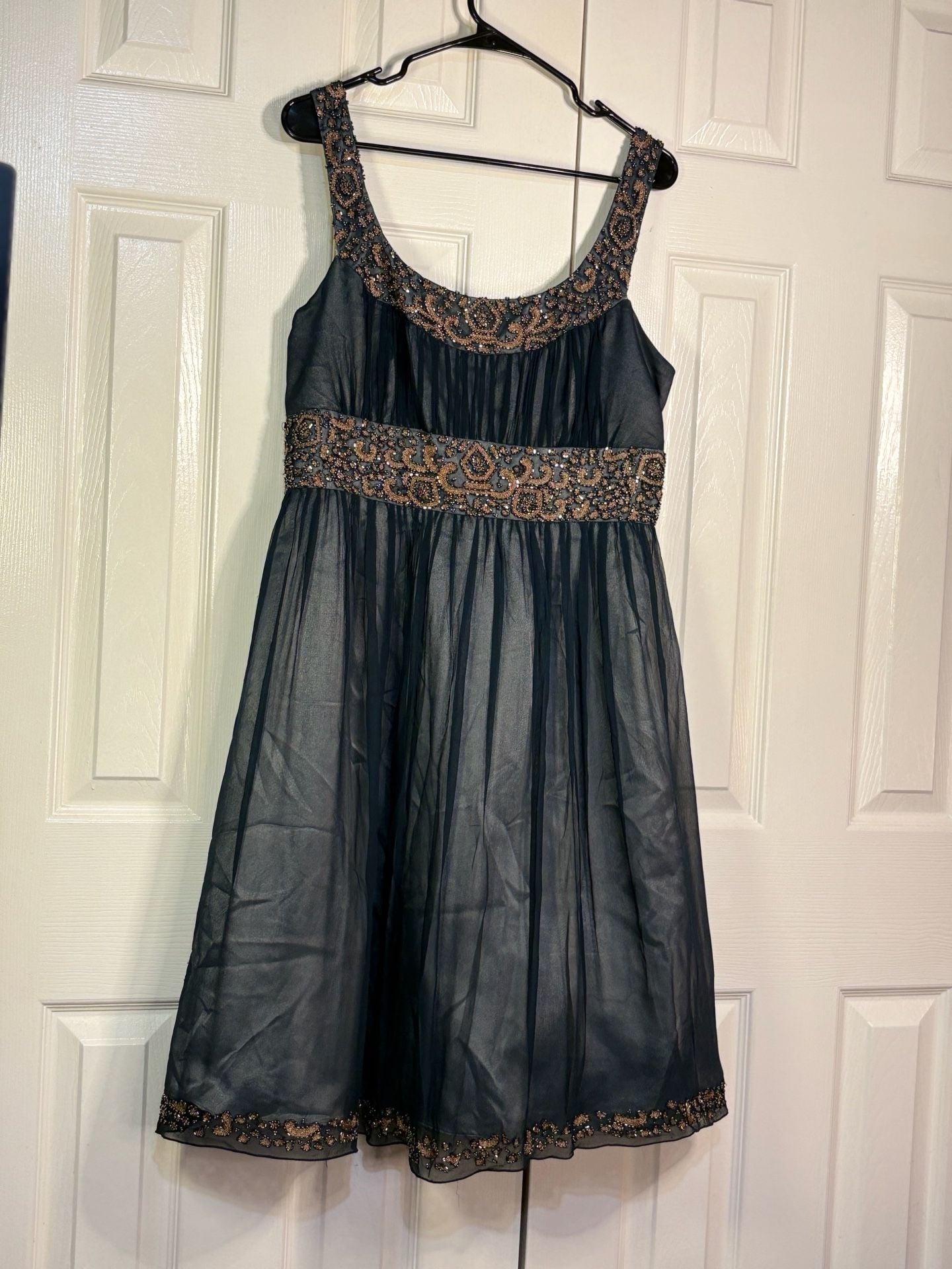 Adrianna Papell Evening Dress Size 14 Blue Beaded Silk Short Cocktail Party 4
