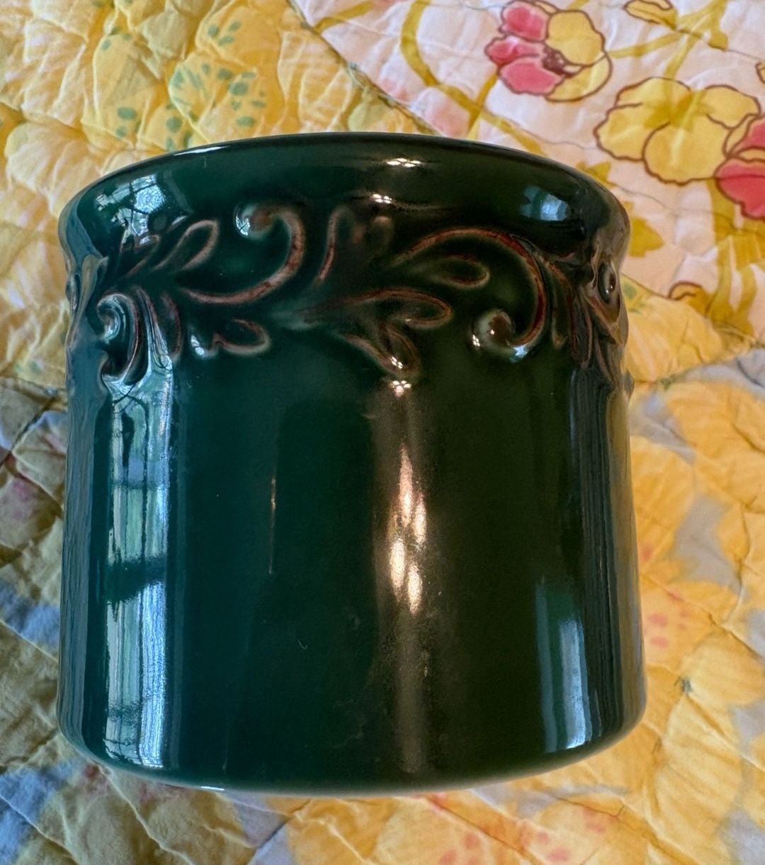 EUC Green Ceramic Butter Bell Crock with Embossed Leaf Scroll Design 5