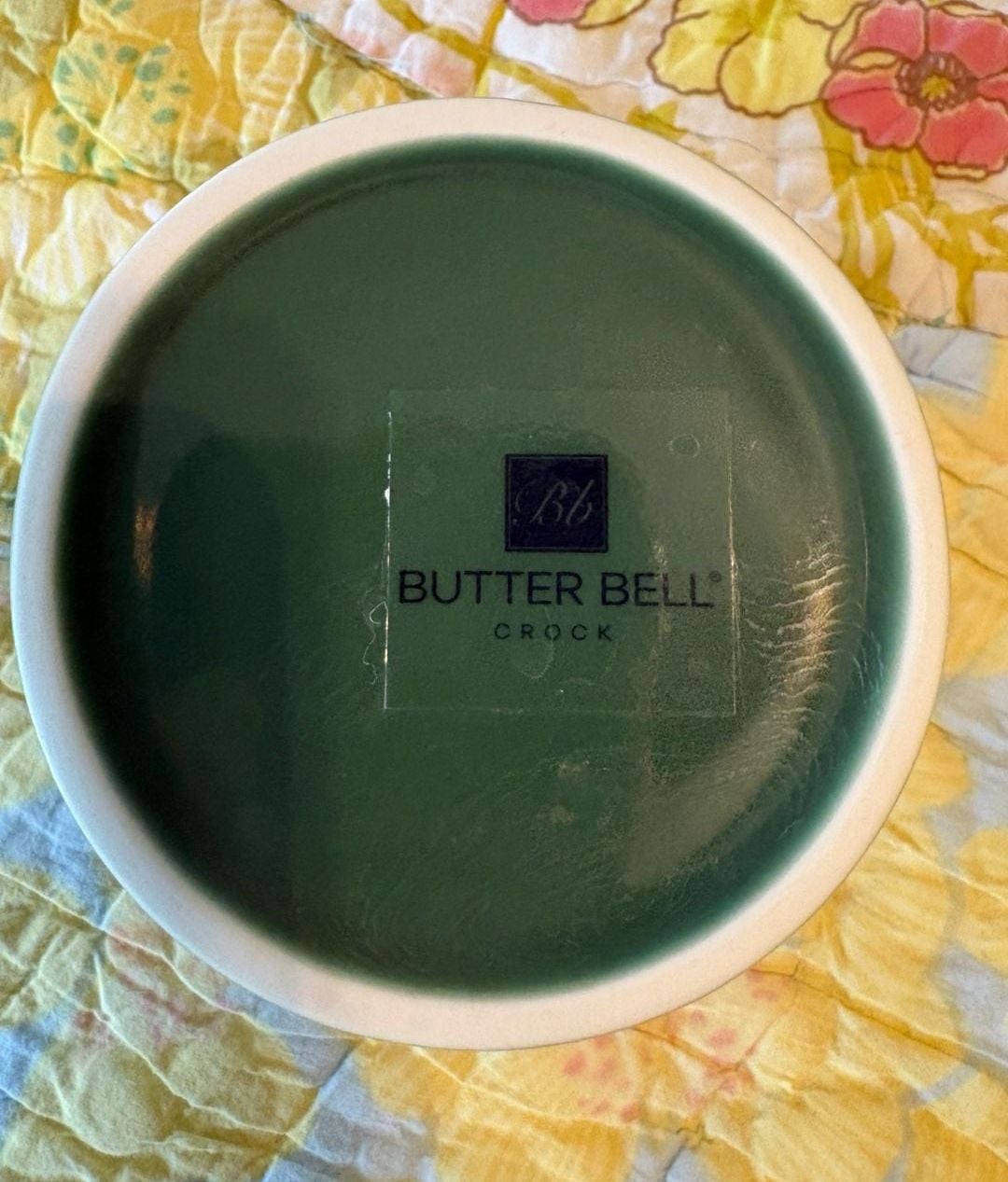 EUC Green Ceramic Butter Bell Crock with Embossed Leaf Scroll Design 7