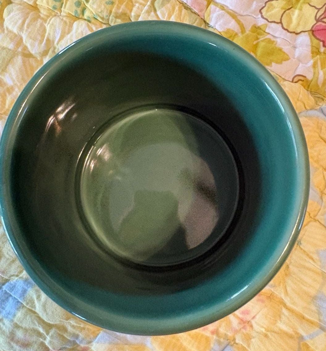 EUC Green Ceramic Butter Bell Crock with Embossed Leaf Scroll Design 6
