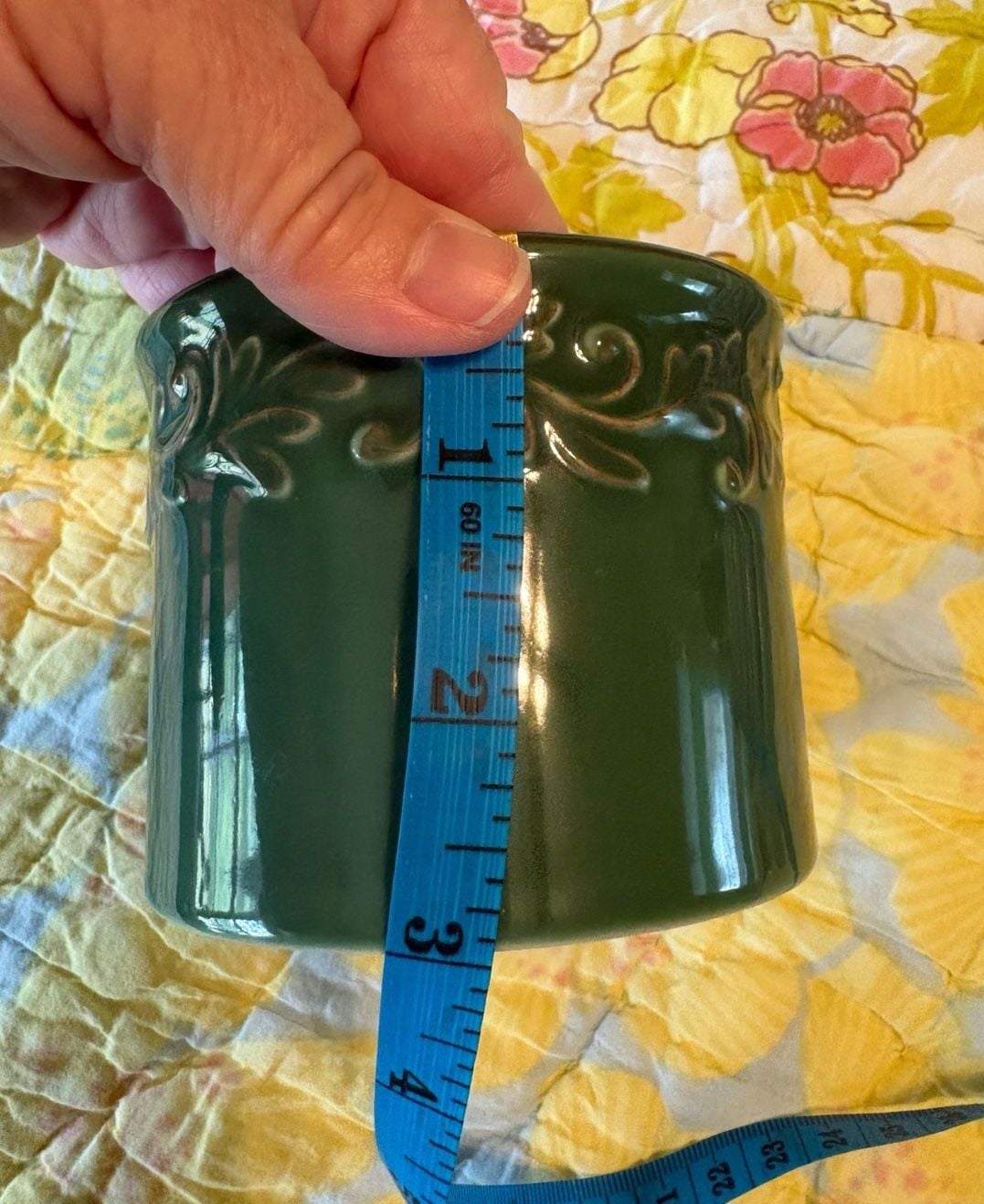 EUC Green Ceramic Butter Bell Crock with Embossed Leaf Scroll Design 8