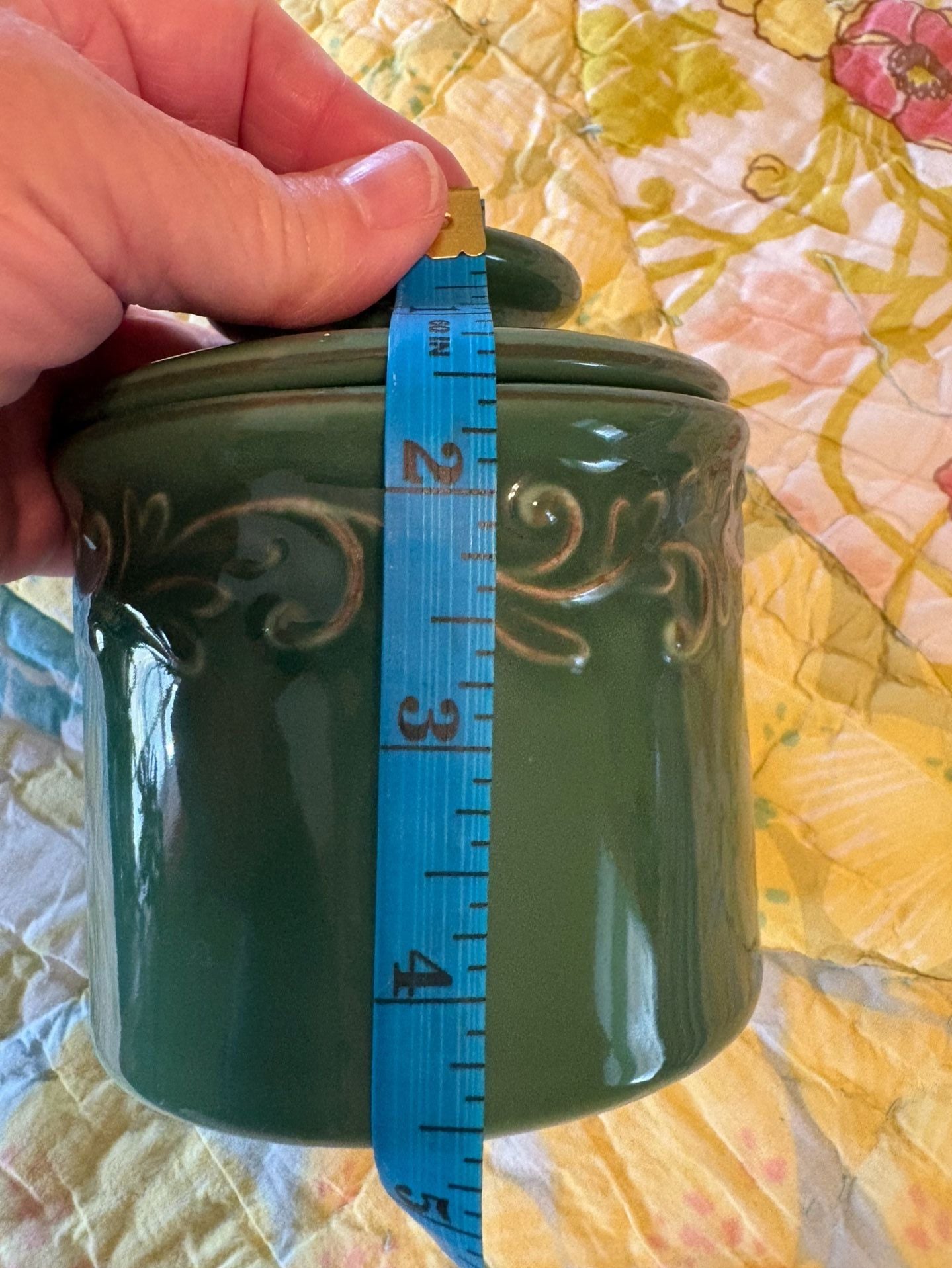 EUC Green Ceramic Butter Bell Crock with Embossed Leaf Scroll Design 11