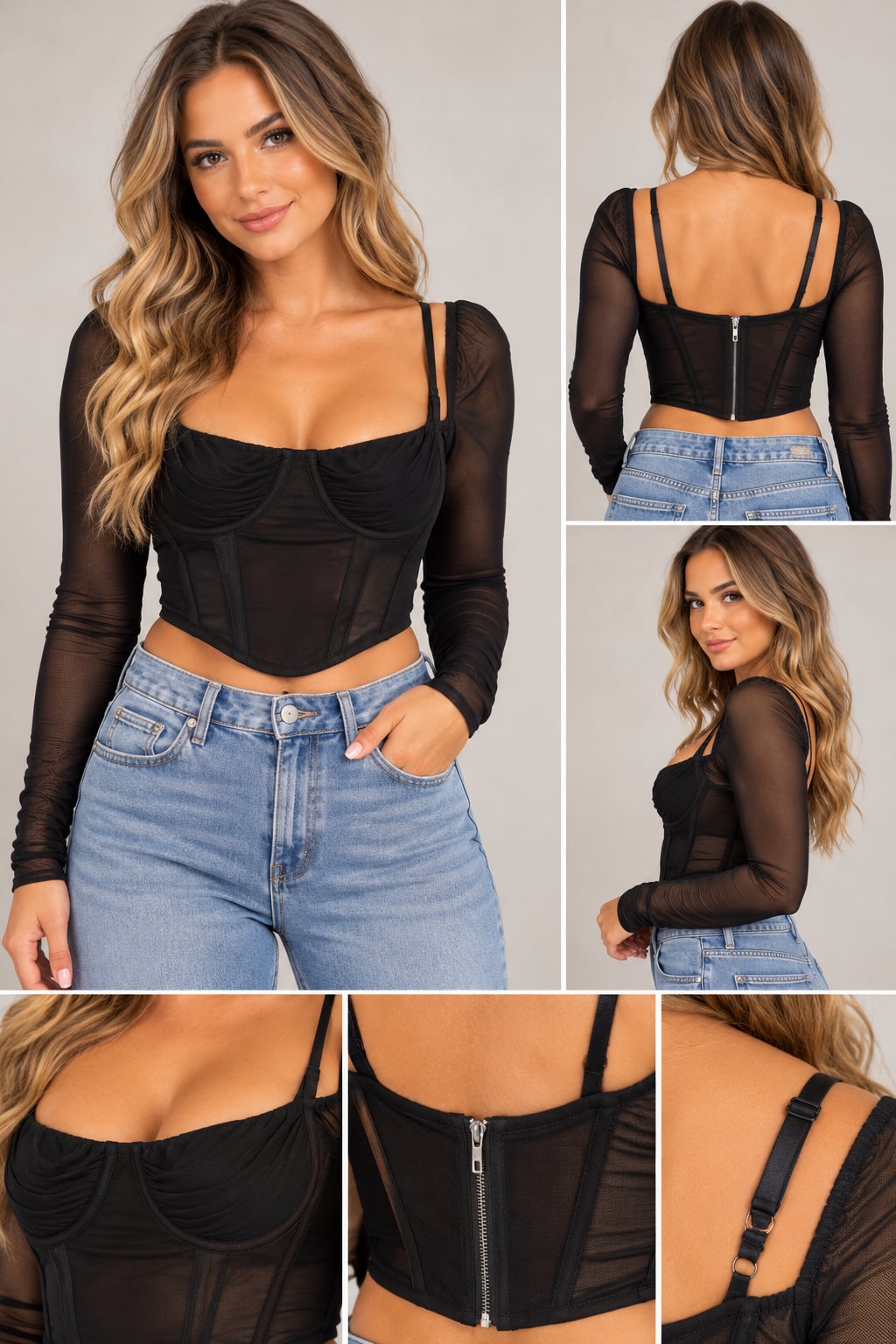 White Fox Black Mesh Long Sleeve Corset Top Women’s Small 2