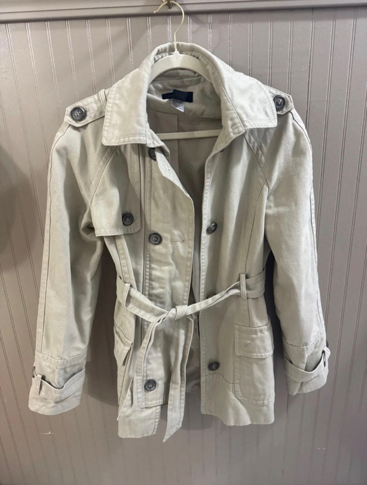 Via Trench Coat Size 10 Beige Cotton Short Belted Jacket 2
