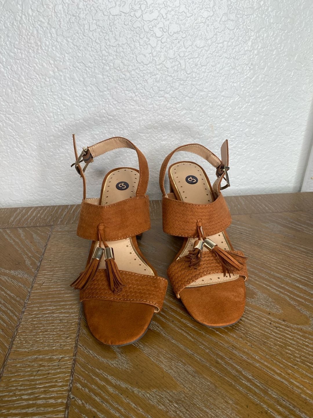 Gabby Block Heel Sandals Brown Faux Suede Tassel 2