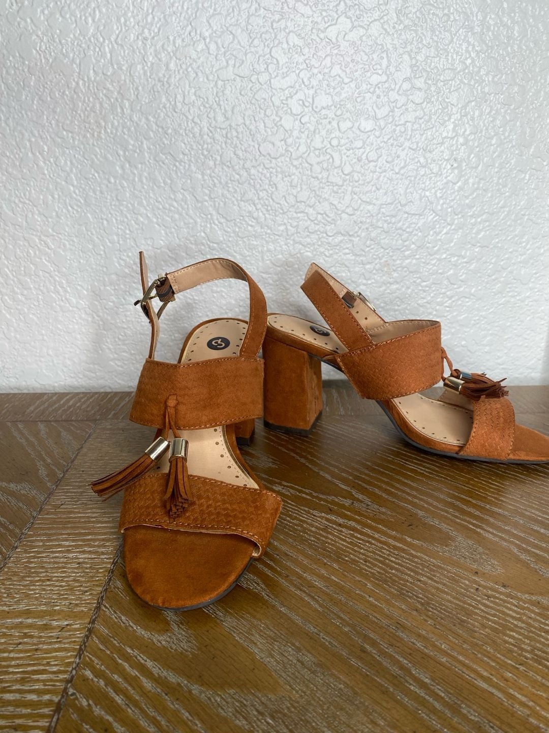 Gabby Block Heel Sandals Brown Faux Suede Tassel 3