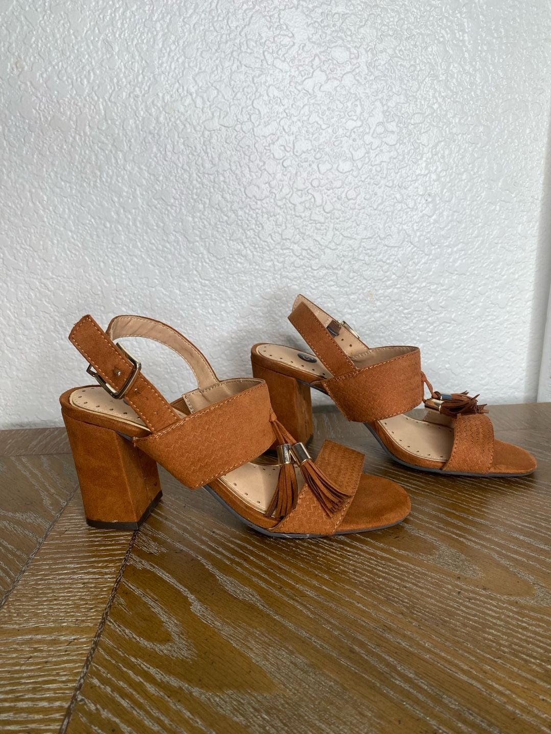 Gabby Block Heel Sandals Brown Faux Suede Tassel 4
