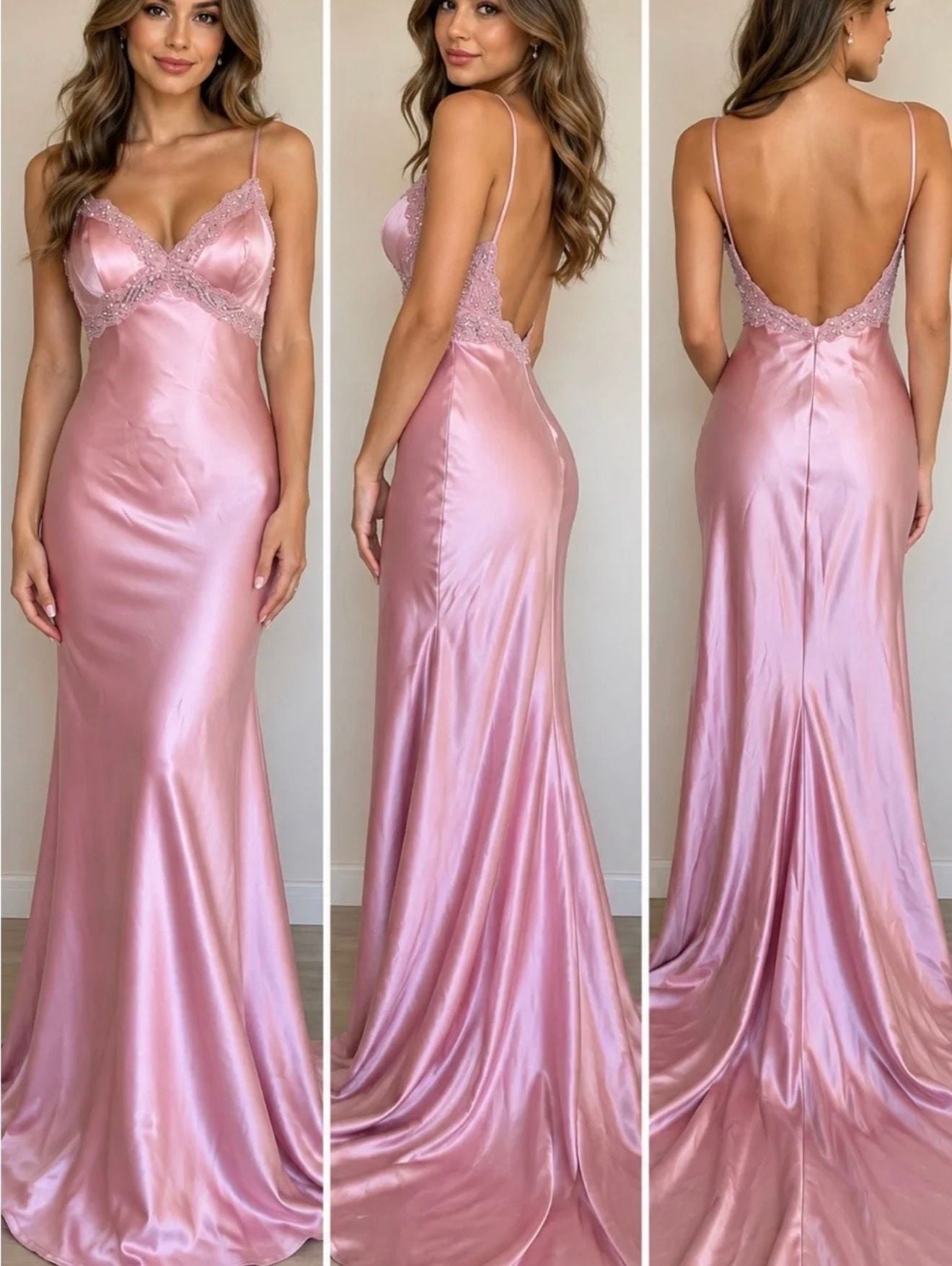 Pink Satin Lace Trim Formal Dress 2