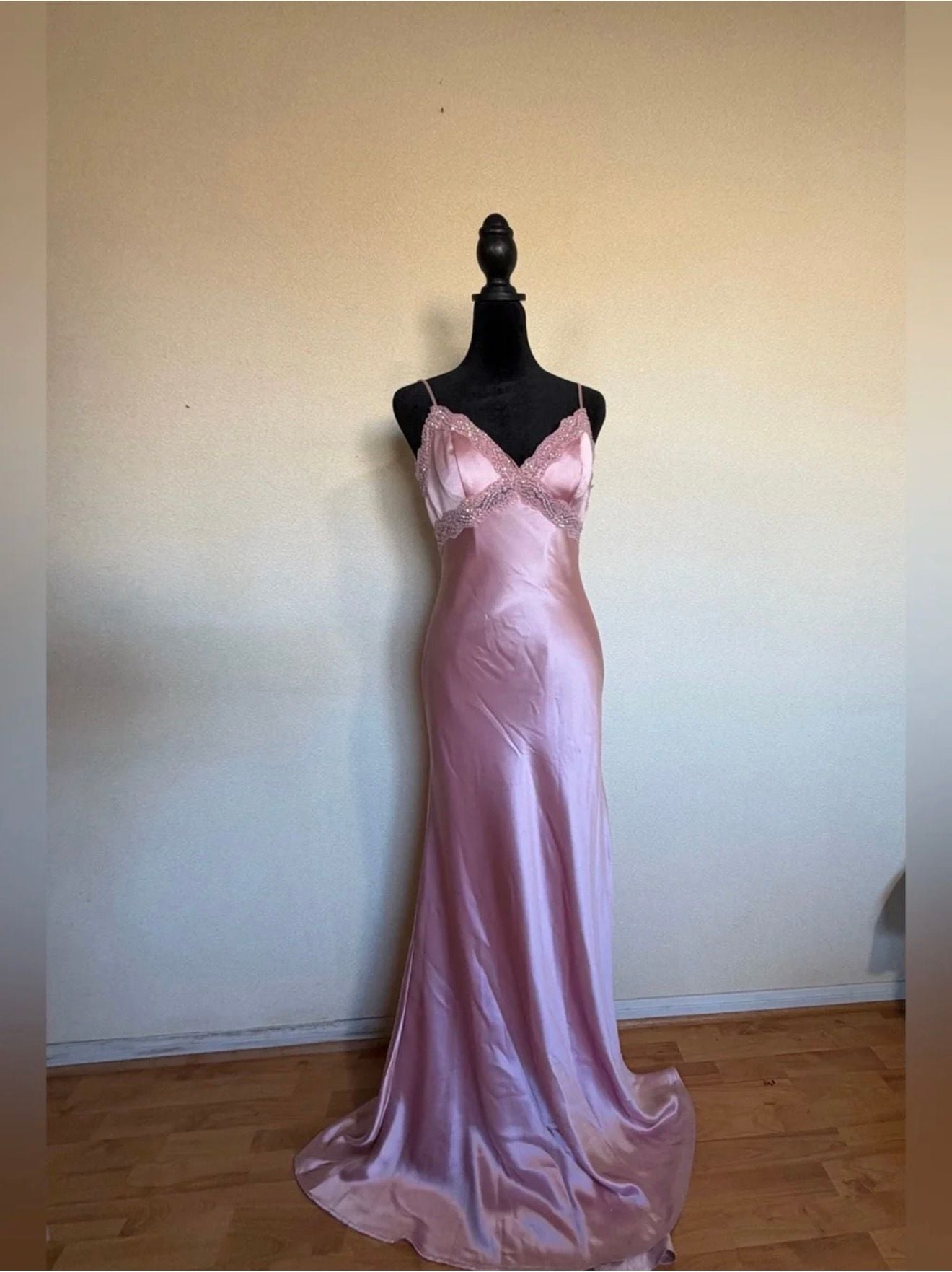 Pink Satin Lace Trim Formal Dress 4