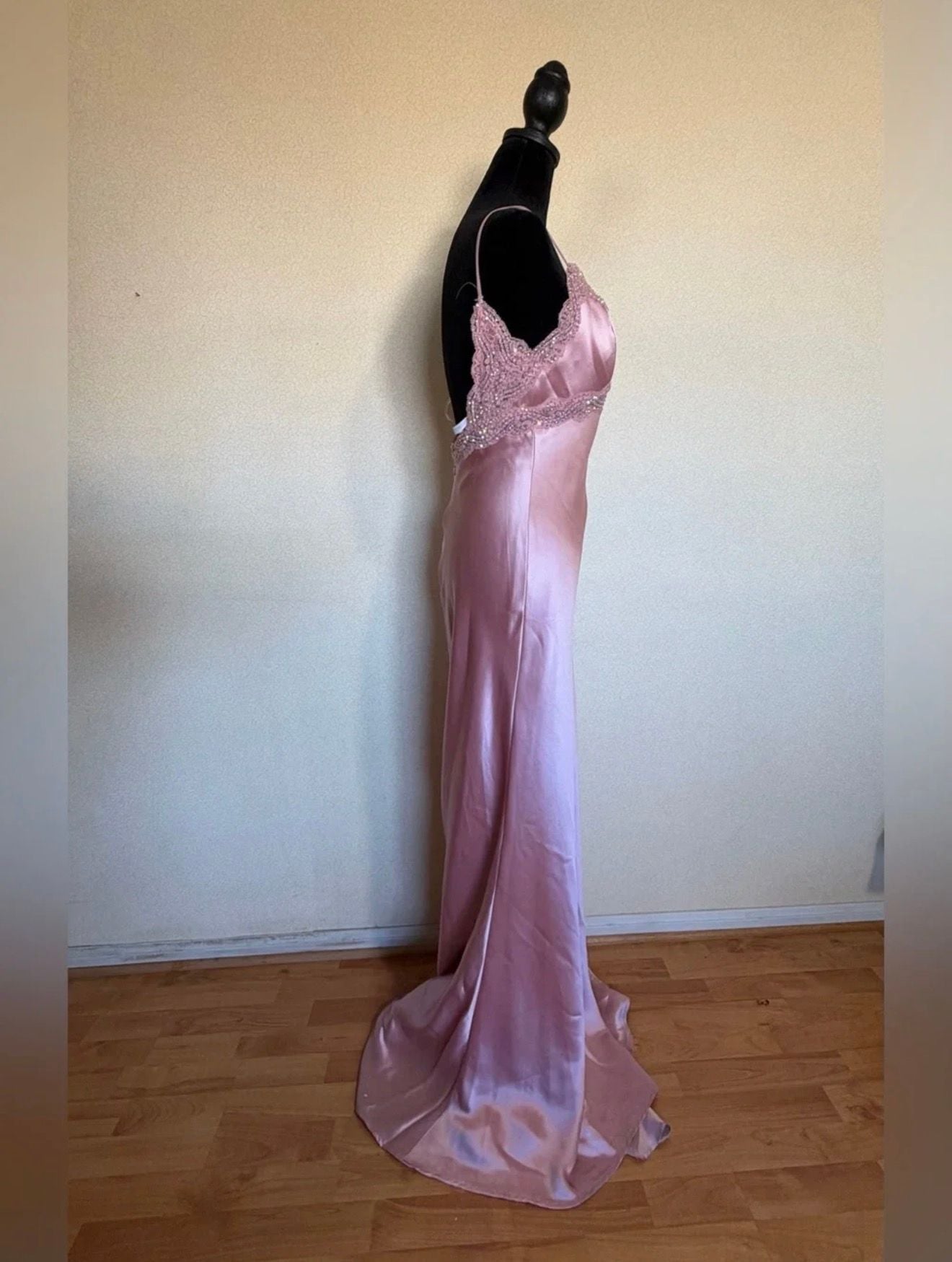 Pink Satin Lace Trim Formal Dress 6