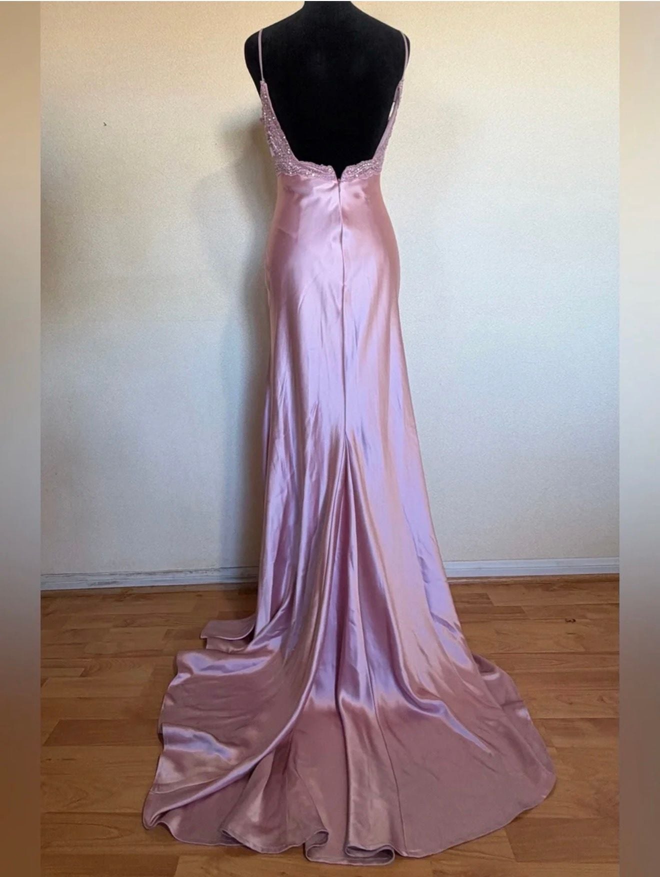 Pink Satin Lace Trim Formal Dress 7